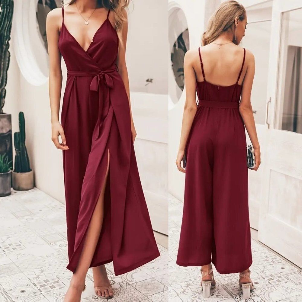 Women's Sexy‎ Stretch Cami Eleagant Flare Jumpsuit With Slit Burgundy